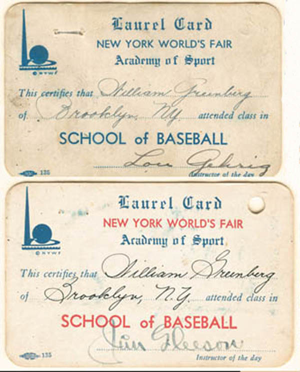 Lou Gehrig (Wife's Signs for Him) and Jim Gleeson signed Cards - Academy of Sport Laurel Cards - 1939 NY World's Fair - Signed by Lou Gehrig's Wife